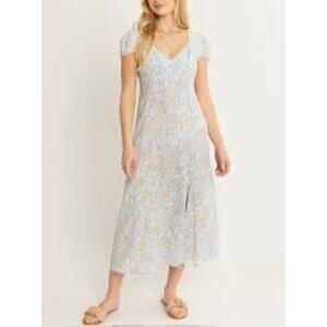 LOVE TREE L Floral Sakura Print Midi Azure Blossom Vneck Cap Sleeve Side Slit